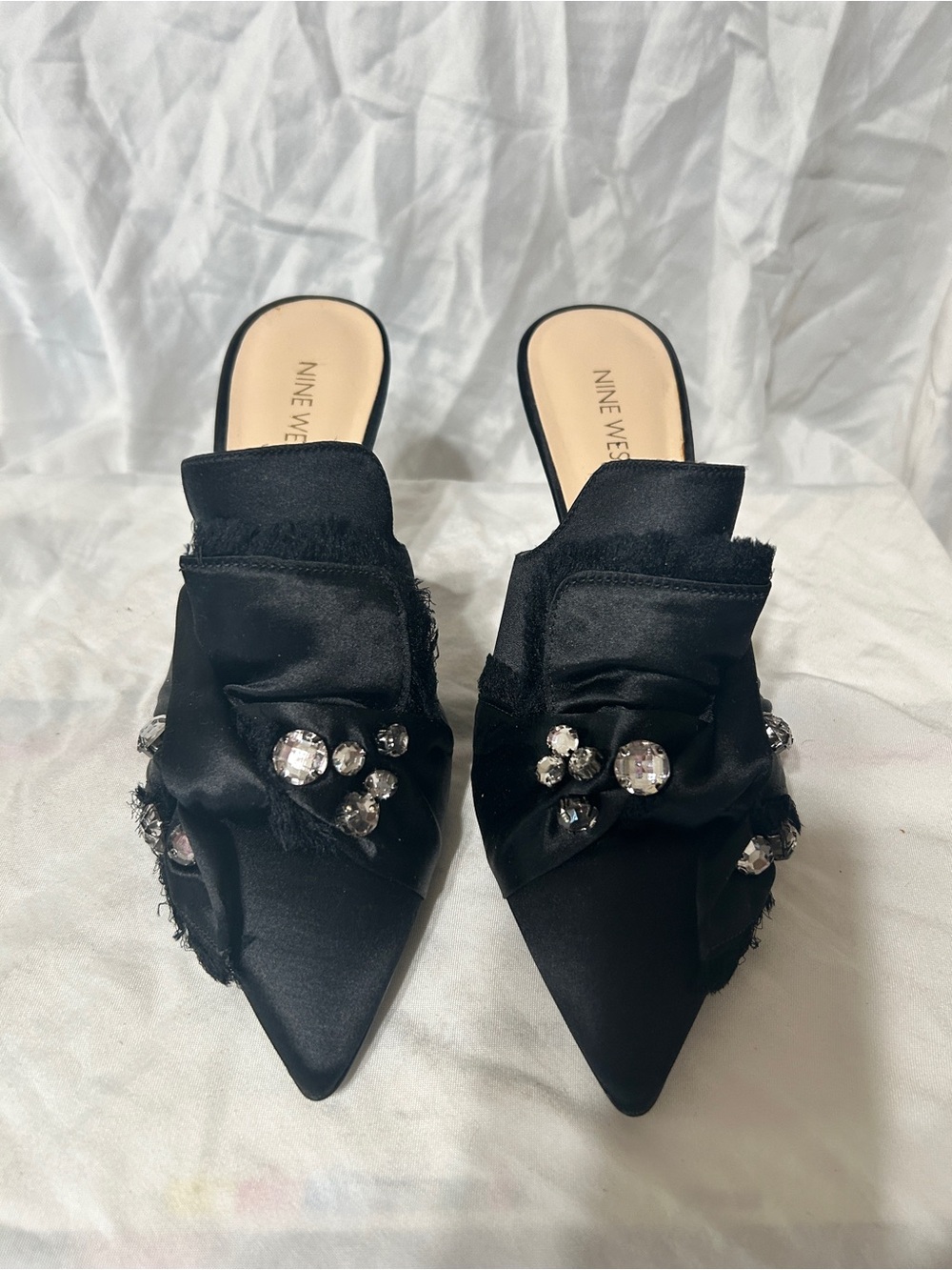 Nine West Black Satin Jeweled Pointed Mileau Mules